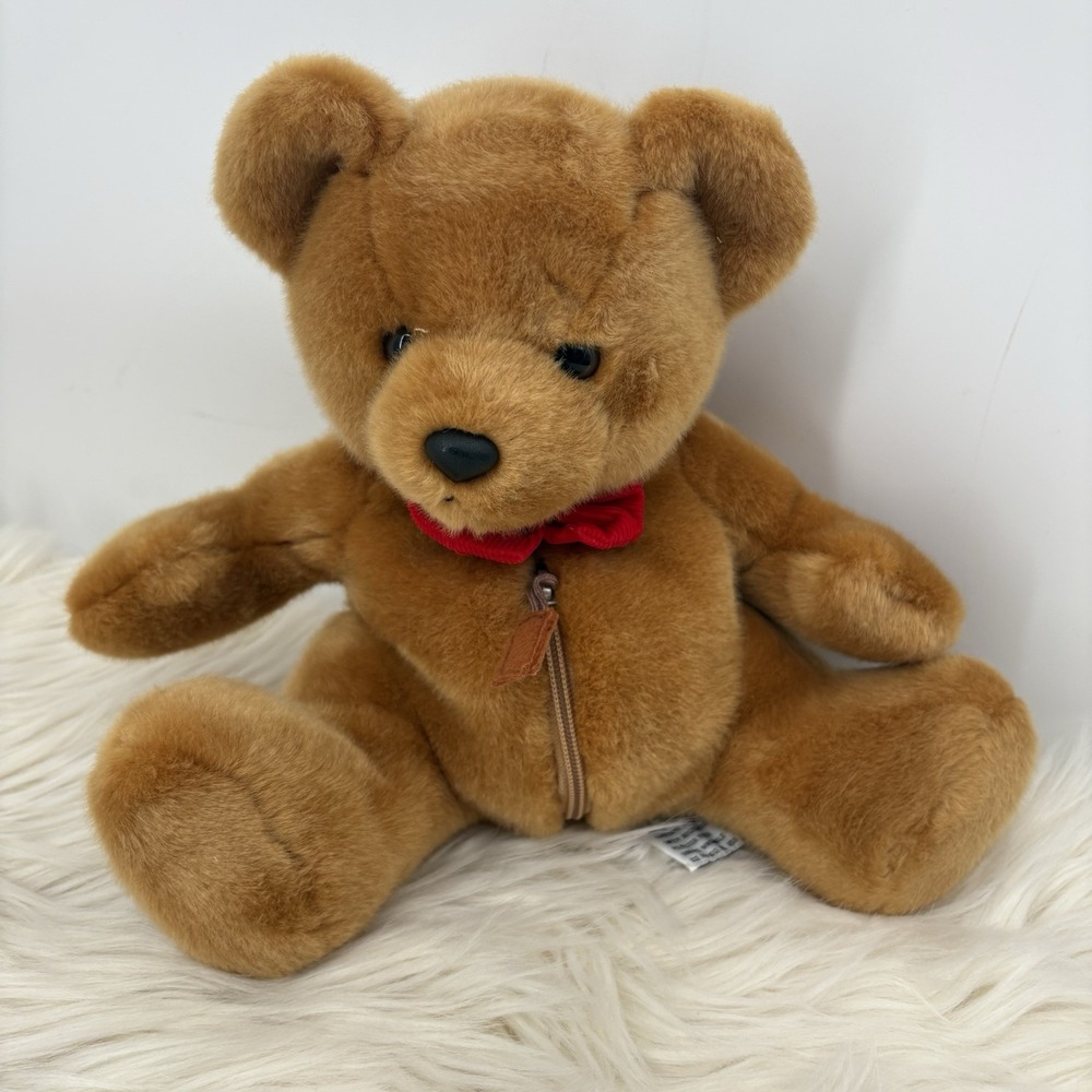 Vintage Russ Berrie 12" Zippered Brown Bear Red Bowtie Plush Stuffed Animal RARE